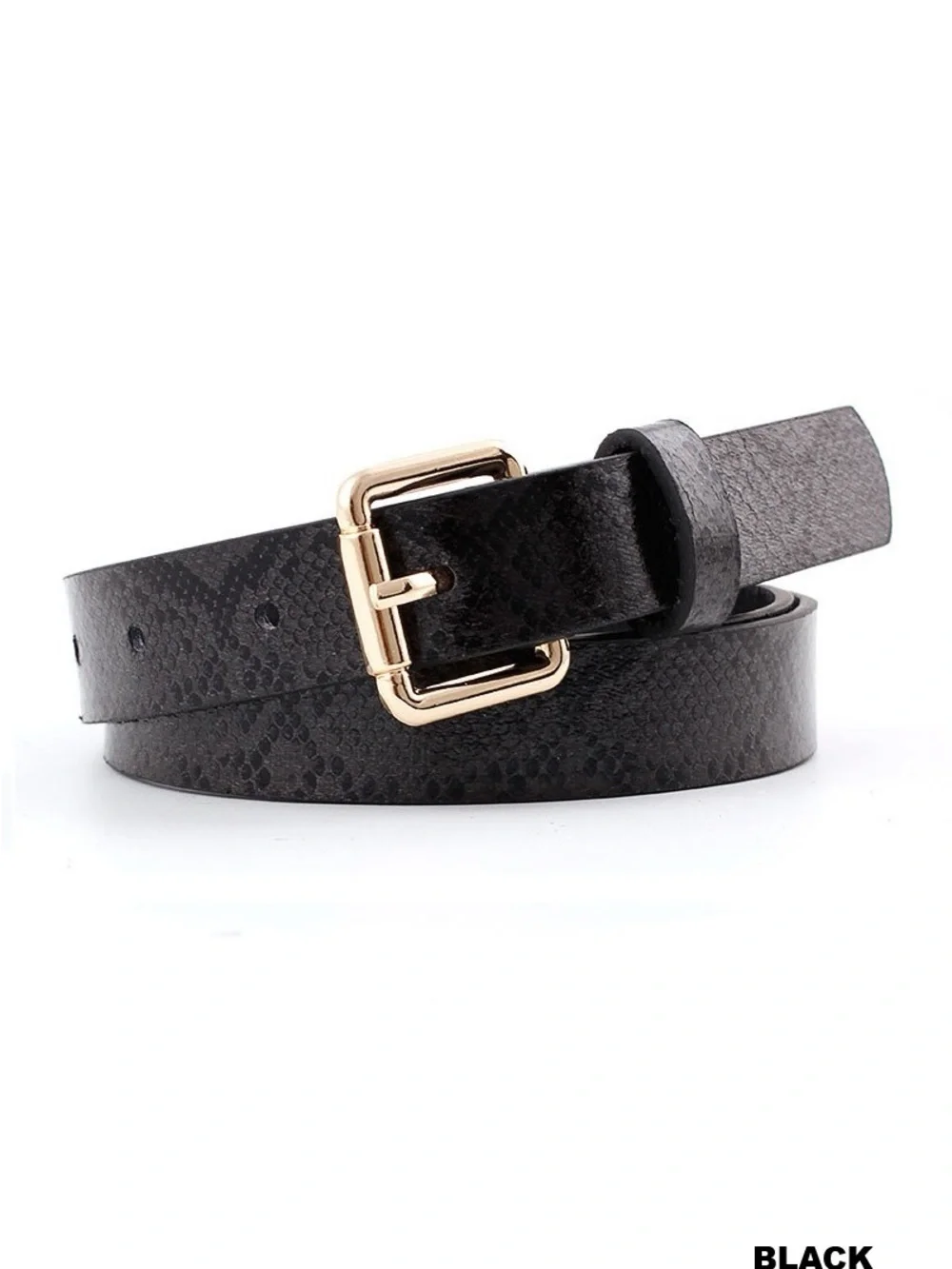 Zenana Outfitters Black Snake-Embossed Skinny Belt with Gold Buckle